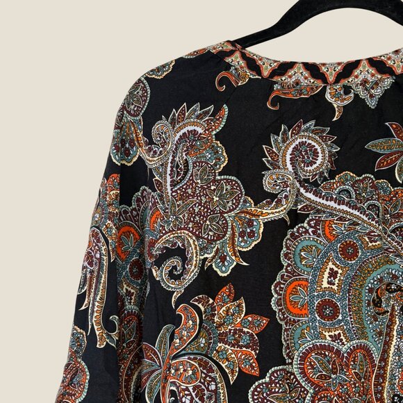 Fig & Flower Boho Pattern 3/4 Sleeve Quarter Button Puffed Sleeve Blouse Size L - Picture 8 of 10